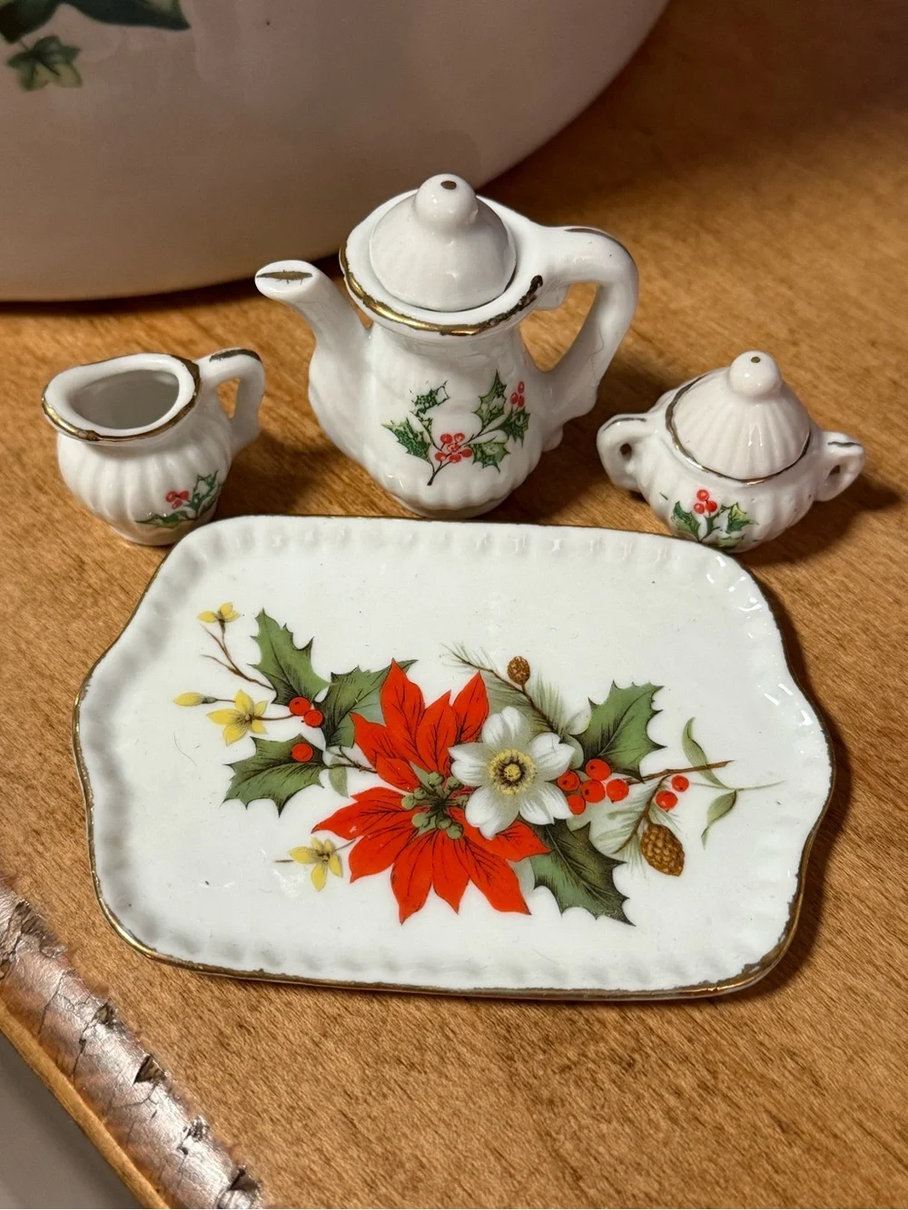 Vintage Christmas Miniature Ceramic Tea Set - White with Holly Motif
